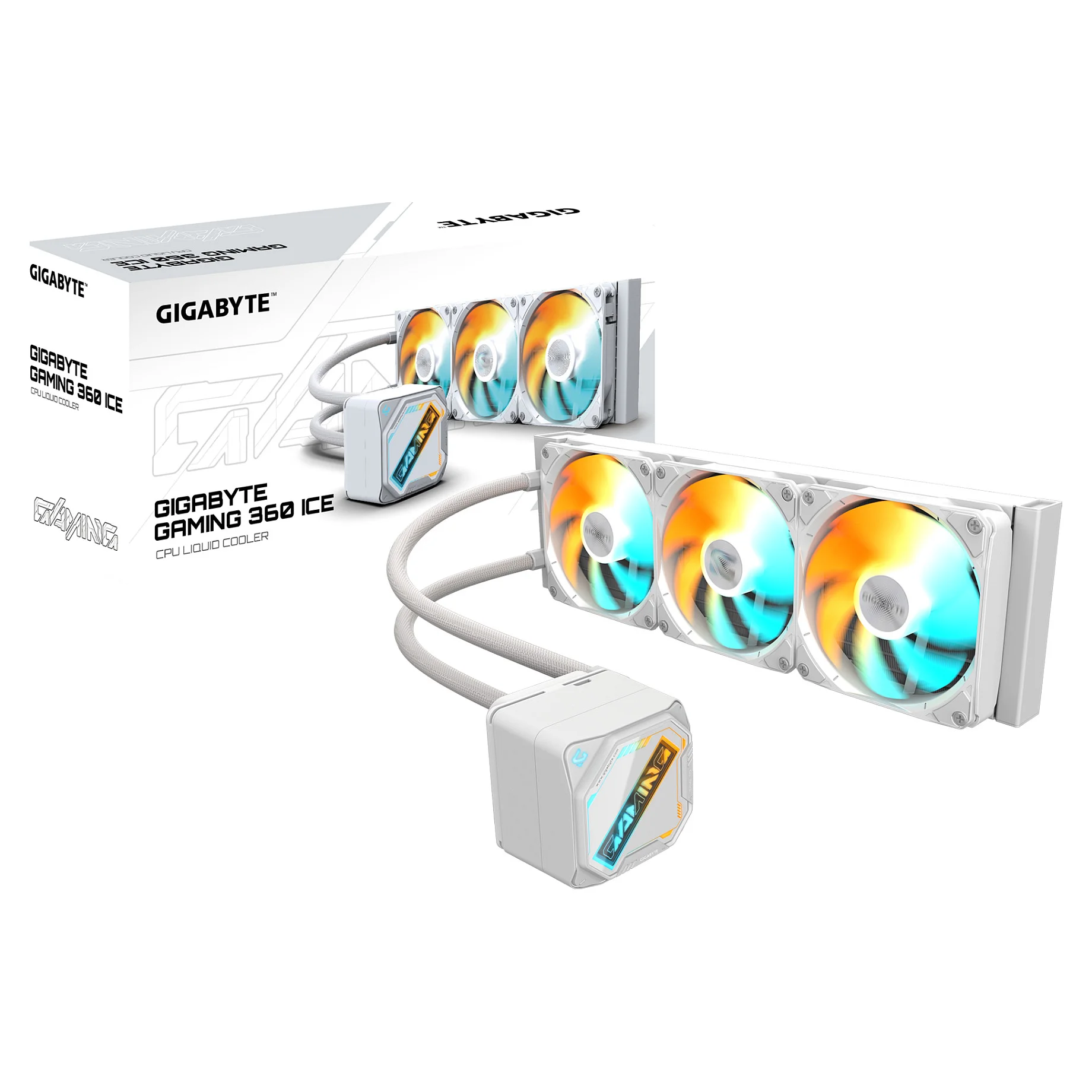 GIGABYTE GAMING 360 ICE Fluessigkeitskuehler fuer CPU   3x120 mm ARGB Luefter  Schiebe Verriegelungsmechanismus  DAISY CHAIN  Kompatibel mit Intel LGA 1851 und AMD AM5 PC-Komponenten