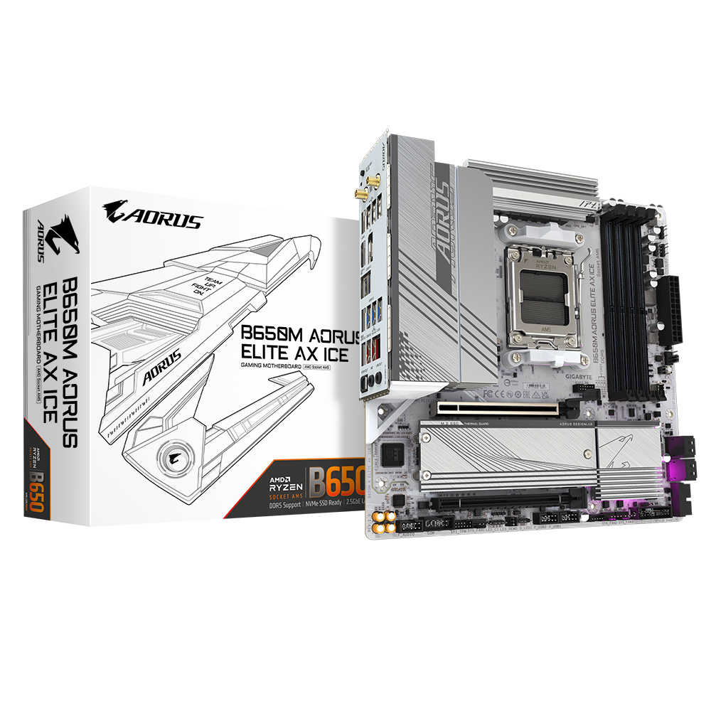 GIGABYTE B650M AORUS ELITE AX ICE Mainboard   AMD Ryzen 9000er Serie  12 2 2 Phasen VRM  bis zu 8000 MHz DDR5  OC   1xPCIe 5 0   1xPCIe 4 0 M 2  2 5 GbE LAN  WIFI 6E  USB 3 2 Gen 2x2 PC-Zubehoer