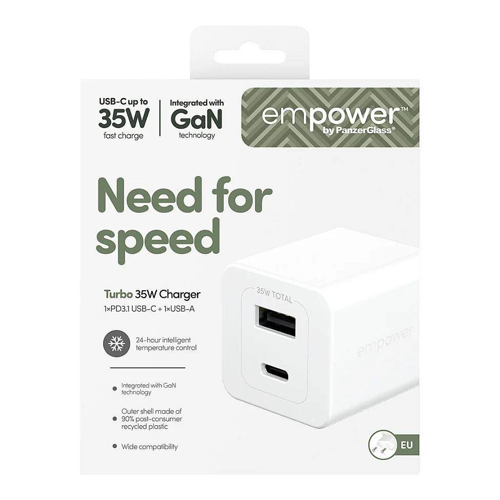 PanzerGlass empower  by   Turbo 35W Ladegaraet inkl  USB C   USB A   EU Anschluss   Silber Weiss Akkus Powerbanks & Kabel