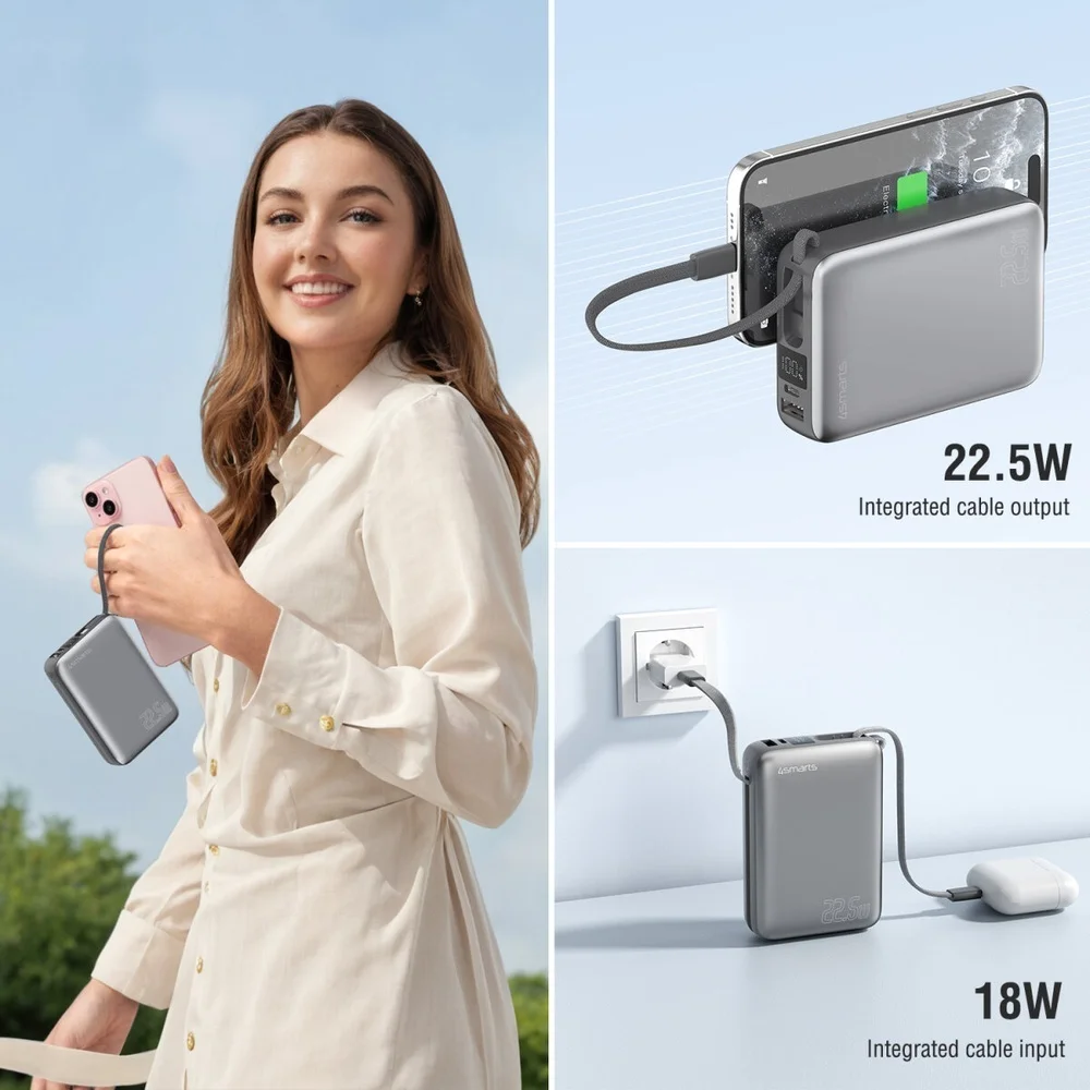 4SMARTS Powerbank 20 000 mAh 22 5 Watt mit zwei integrierten USB C Kabeln Akkus Powerbanks & Kabel