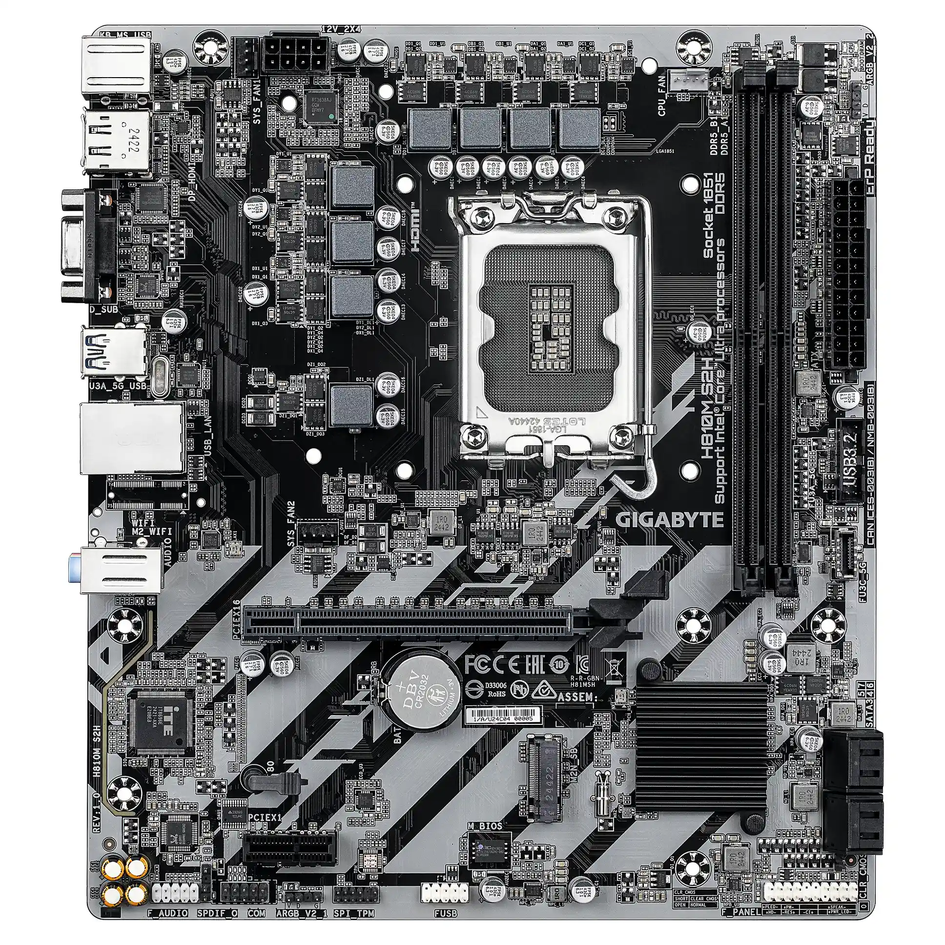 GIGABYTE H810M S2H Mainboard   Intel Core Ultra  Serie 2  CPUs  4 1 2 Phasen VRM  bis zu 6400 MHz DDR5  1xPCIe 4 0 M 2  1GbE LAN  USB 3 2 Gen 1 PC-Komponenten