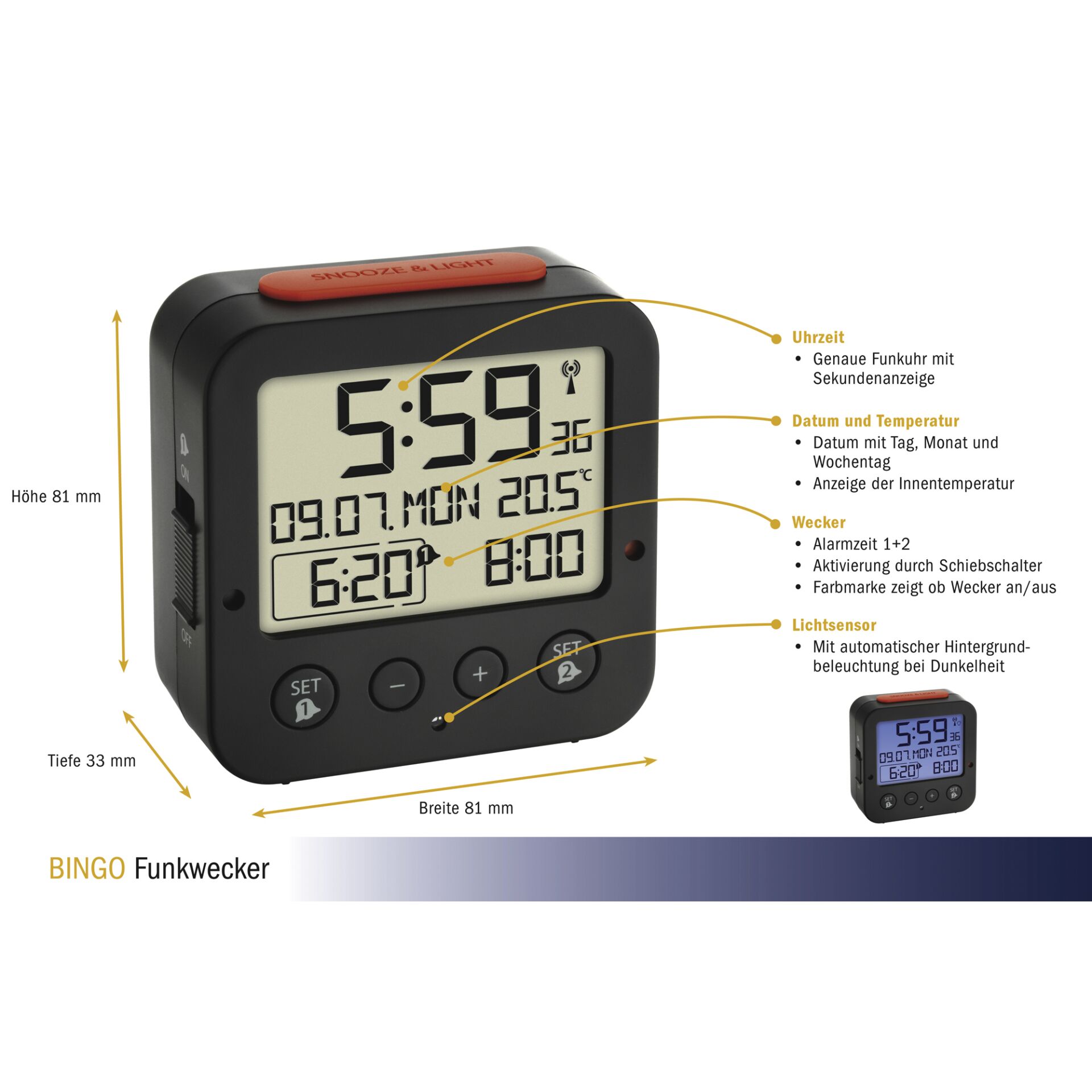 TFA Dostmann TFA 60 2528 01 Bingo schwarz Funk Wecker mit Temperatur Uhren