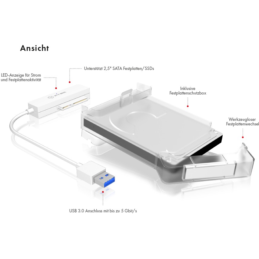 ICY BOX IB AC703 U3  USB 3 2 Gen 1 zu 2 5  SATA Festplatten  9 5 mm Hoehe  Adapter Kabel mit Schutzbox  Zugriff LED  USB 2 0 compatibel  weiss PC-Zubehoer