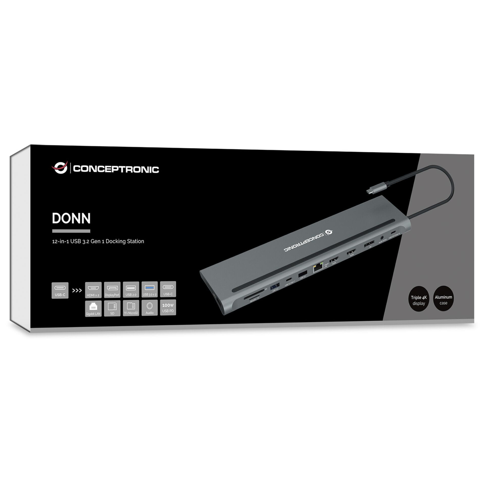 Conceptronic DONN17G laptop dockingstation   portreplikator Kabelgebunden USB 3 2 Gen 1  3 1 Gen 1  Type C Grau Akkus Powerbanks & Kabel
