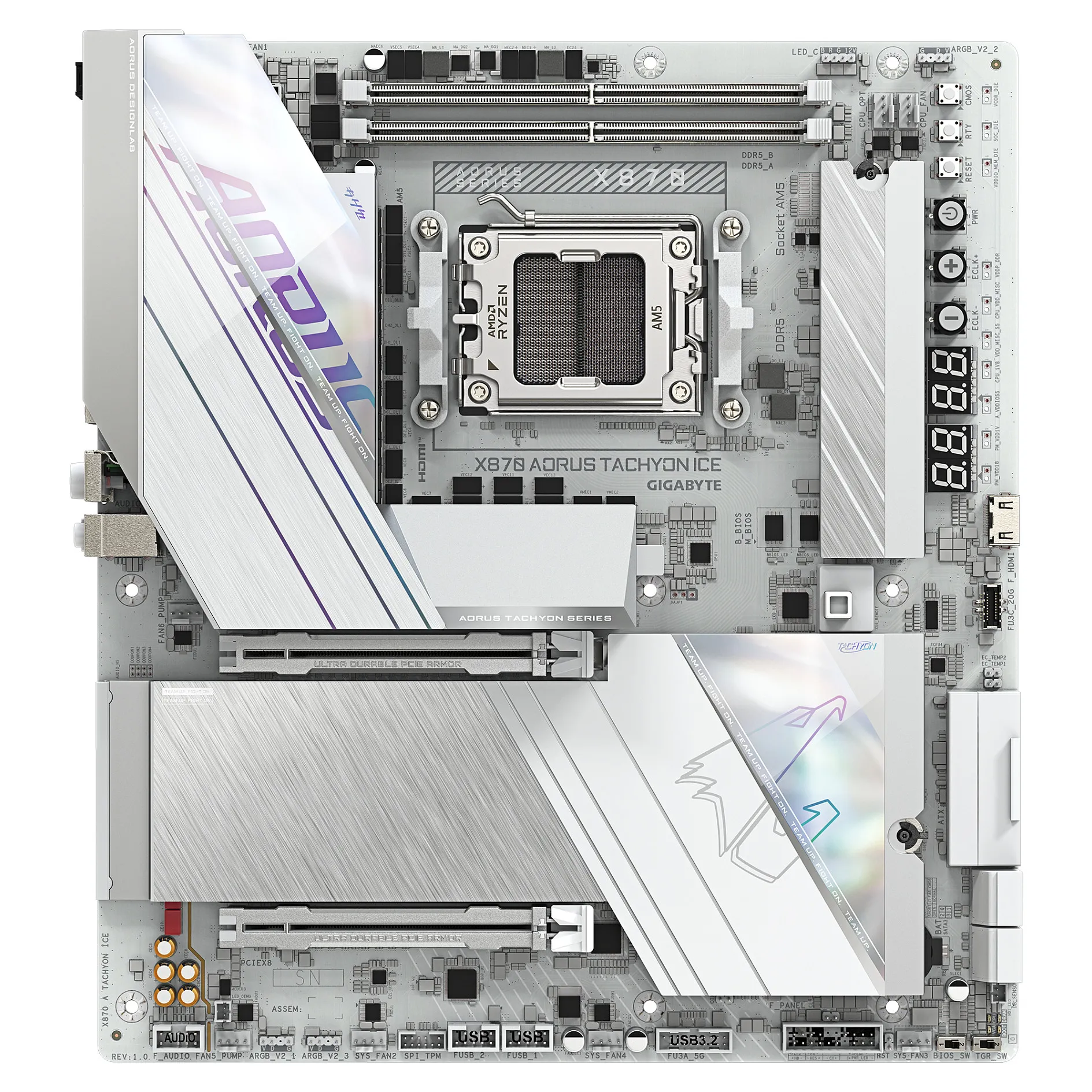 GIGABYTE X870 AORUS TACHYON ICE Mainboard   Unterstuetzt AMD Ryzen 9000 CPUs  digitale 18 2 2 Phasen VRM  bis zu 9600 MHz DDR5  OC   1 x PCIe 5 0   2 x PCIe 4 0  Wi Fi 7  5 GbE LAN  USB 4 PC-Komponenten
