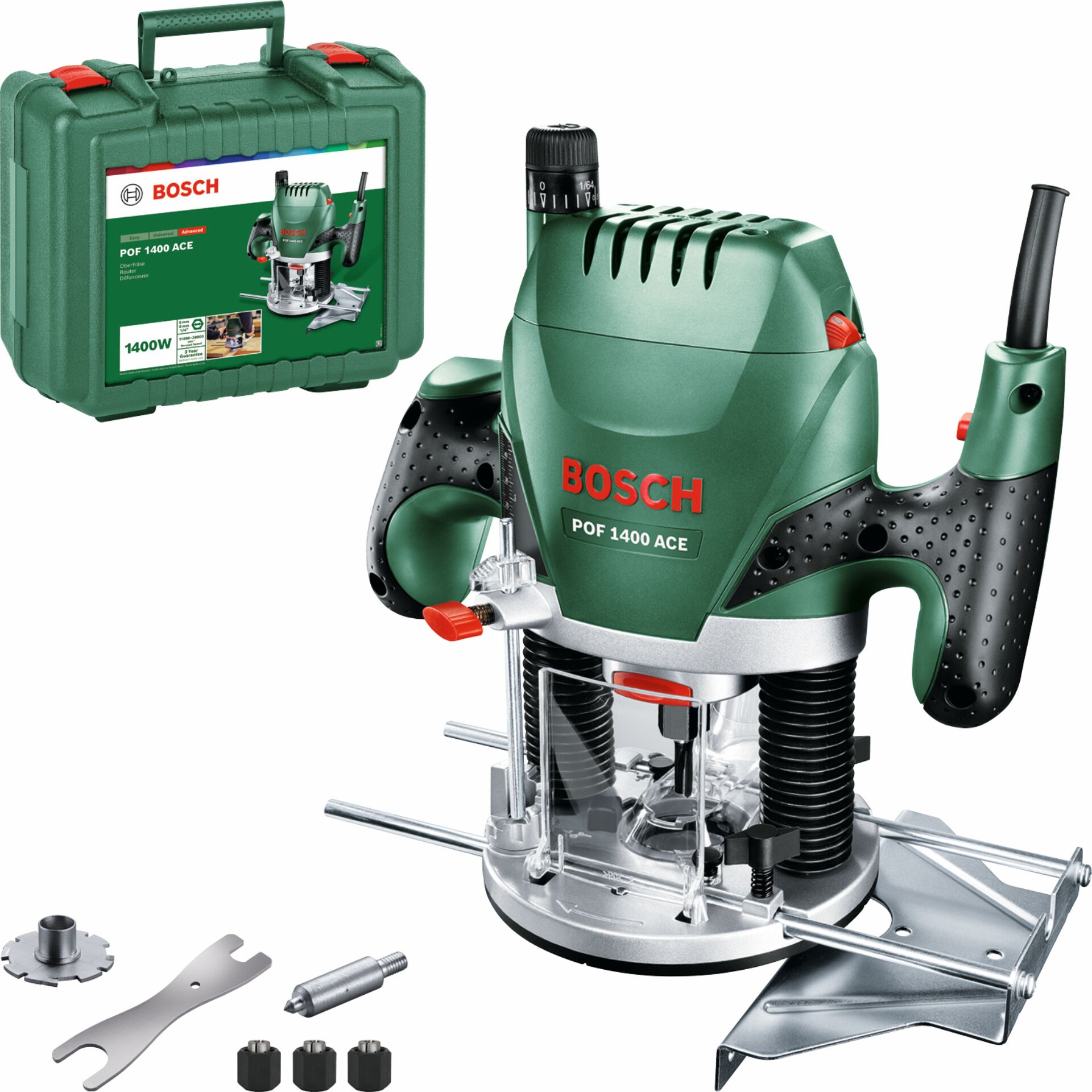 Bosch Oberfraese POF 1400 ACE  3 x Spannzange  Fraeser  Parallelanschlag  Absaugadapter  Koffer  1400 Gartenmaschinen Schleifer Hobel & Fraesen