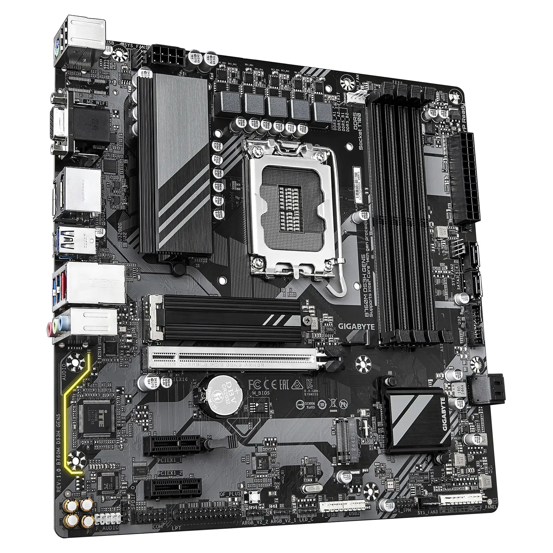 GIGABYTE B760M DS3H GEN5 Mainboard   Unterstuetzt Intel Core Prozessoren der 14  Generation  digitales VRM mit 6 2 1 Phasen  bis zu 5600 MHz DDR5  2 x PCIe 4 0 M 2  2 5GbE LAN  USB 3 2 Gen2 PC-Komponenten