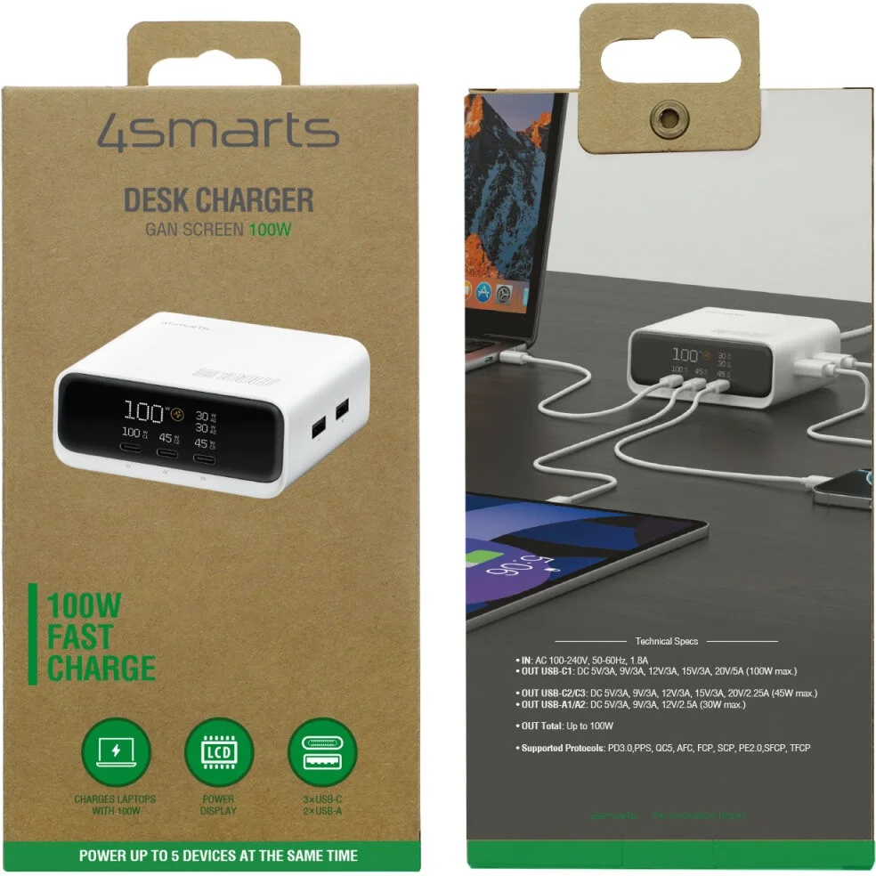 4SMARTS desk charger gan screen 100w 3c 2a  weiss Akkus Powerbanks & Kabel