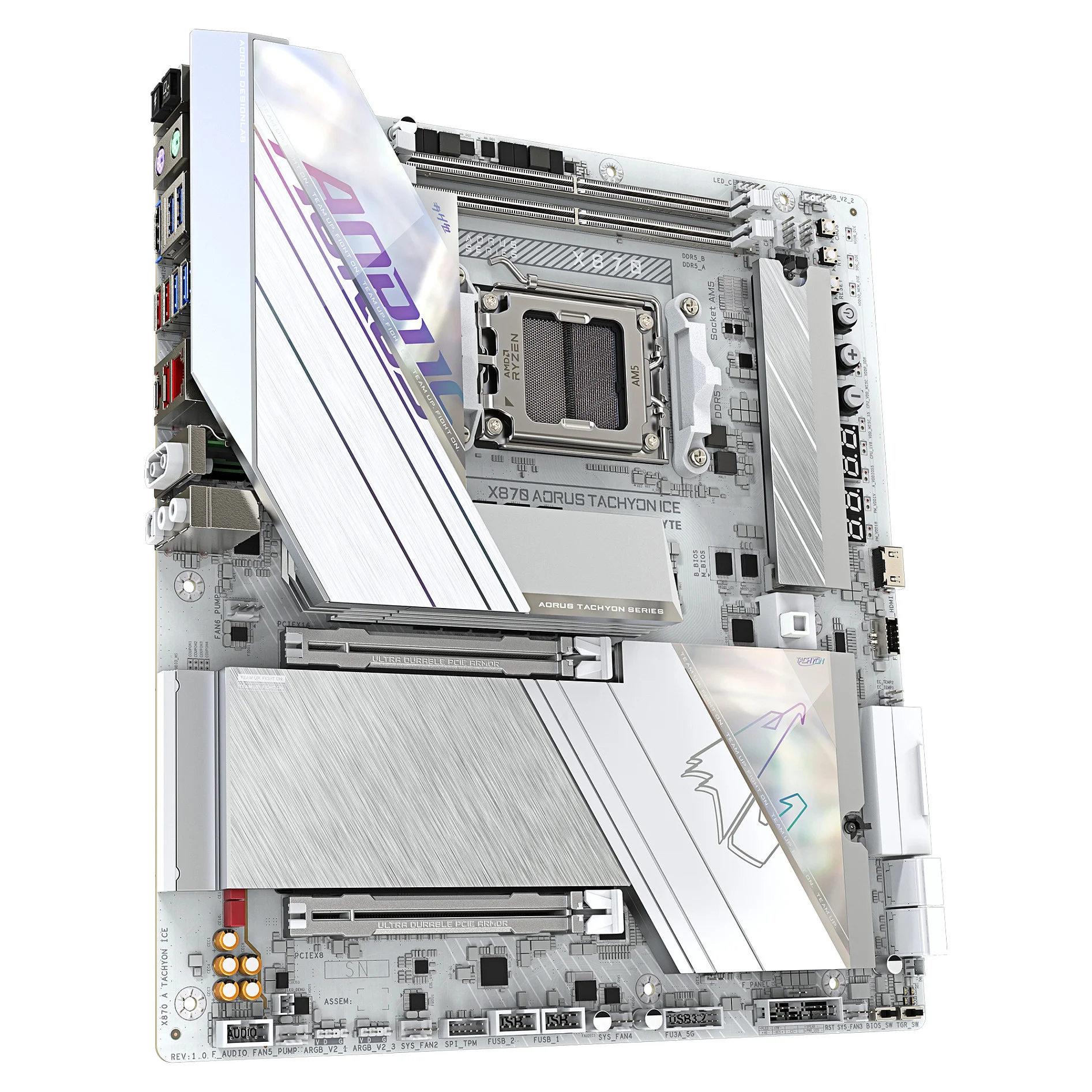 GIGABYTE X870 AORUS TACHYON ICE Mainboard   Unterstuetzt AMD Ryzen 9000 CPUs  digitale 18 2 2 Phasen VRM  bis zu 9600 MHz DDR5  OC   1 x PCIe 5 0   2 x PCIe 4 0  Wi Fi 7  5 GbE LAN  USB 4 PC-Komponenten