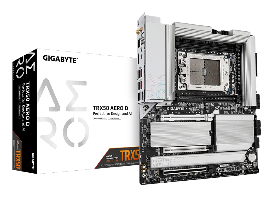 GIGABYTE TRX50 AERO D Mainboard   Unterstuetzt AMD Ryzen Threadripper 9000 Series CPUs  16 8 4 Phases Digital VRM  up to 7800MHz DDR5  OC   3xPCIe 5 0   1xPCIe 4 0 M 2  Wi Fi 7  10GbE LAN  USB4 PC-Zubehoer