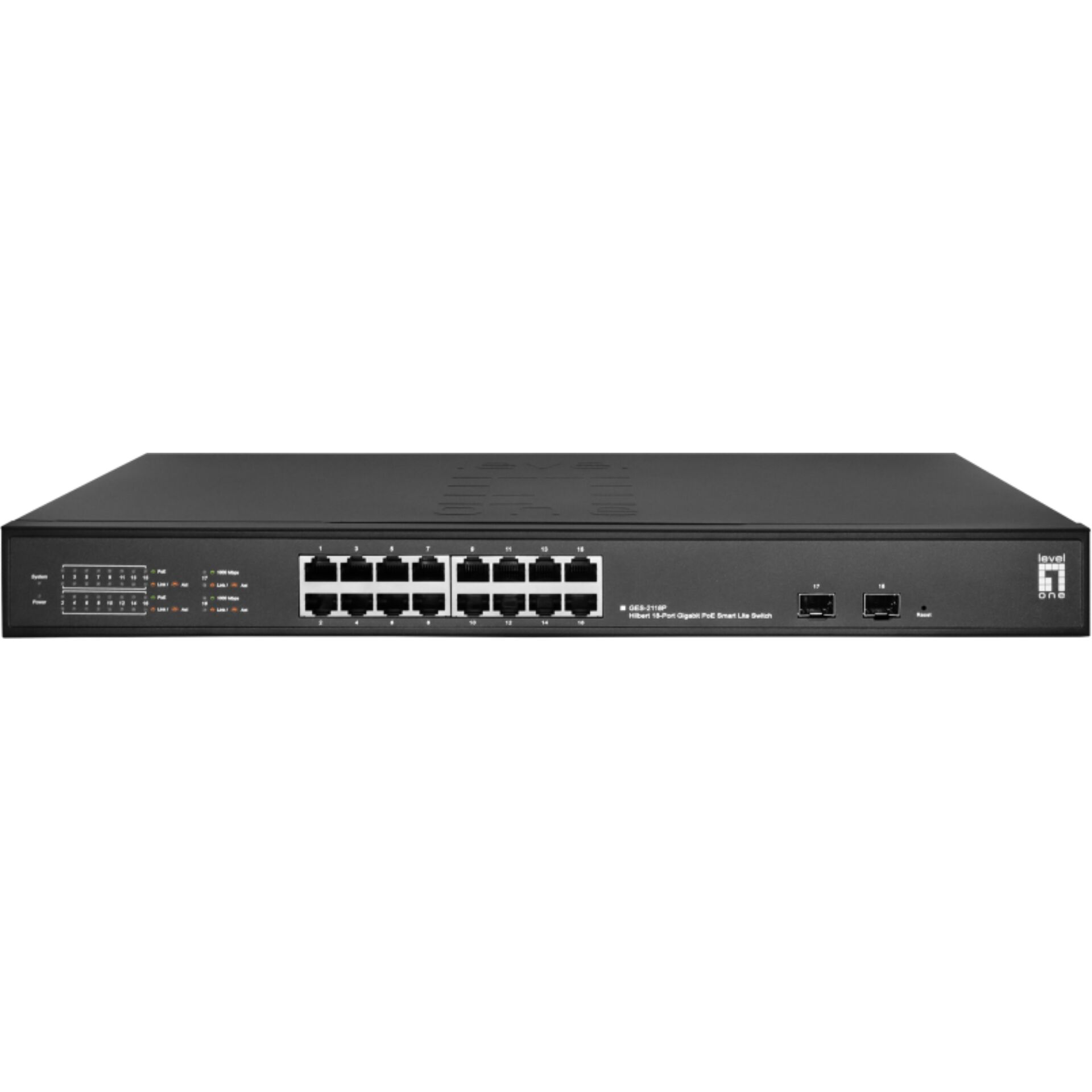 LevelOne Hilbert 18 Port Gigabit PoE Smart Lite Switch  16 PoE Ausgaenge  2 x Gigabit SFP  802 3at af PoE  230W PoE Leistungsbudget Switches