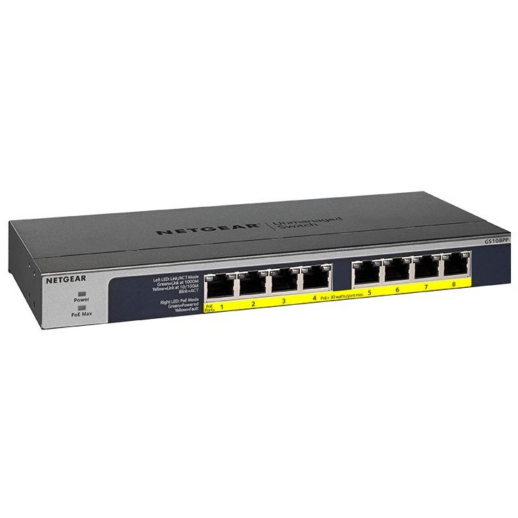 NETGEAR GS108PP Switch   8 Gigabit Ethernet Ports   PoE   Schwarz Switches