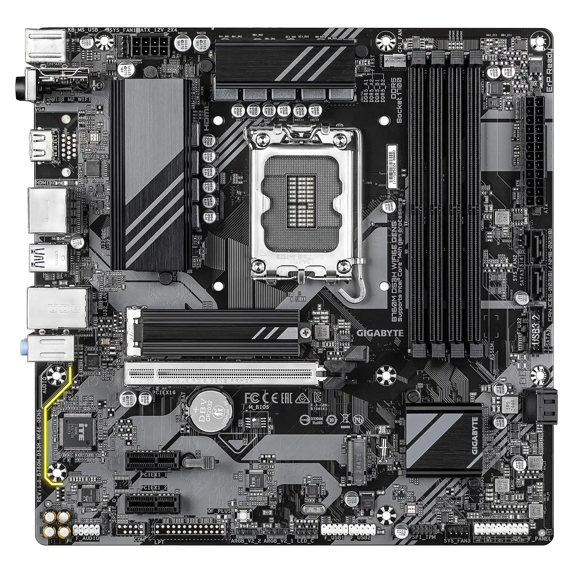 GIGABYTE B760M DS3H WIFI6E GEN5 Mainboard   Unterstuetzt Intel Core Prozessoren der 14  Generation  6 2 1 Phasen Digital VRM  bis zu 5600 MHz DDR5  2 x PCIe 4 0 M 2  Wi Fi 6E  2 5 GbE LAN  USB 3 2 Gen2 PC-Zubehoer