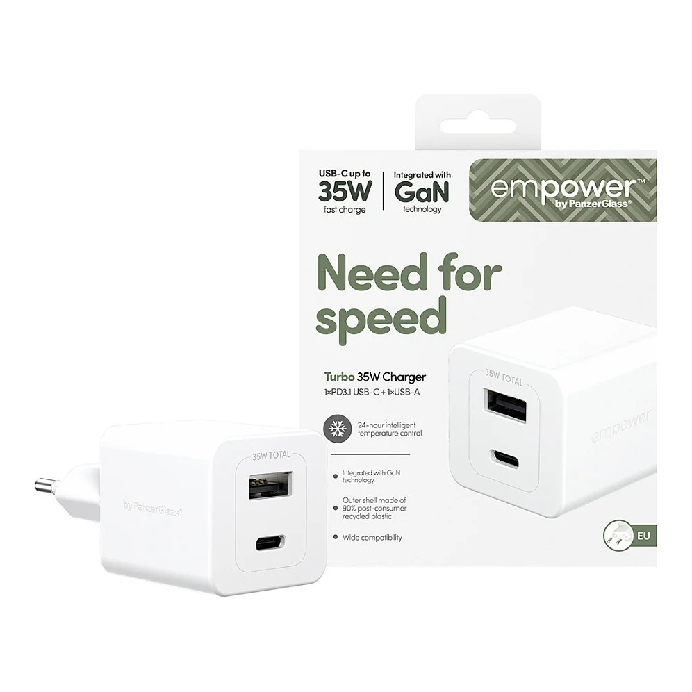 PanzerGlass empower  by   Turbo 35W Ladegaraet inkl  USB C   USB A   EU Anschluss   Silber Weiss Akkus Powerbanks & Kabel