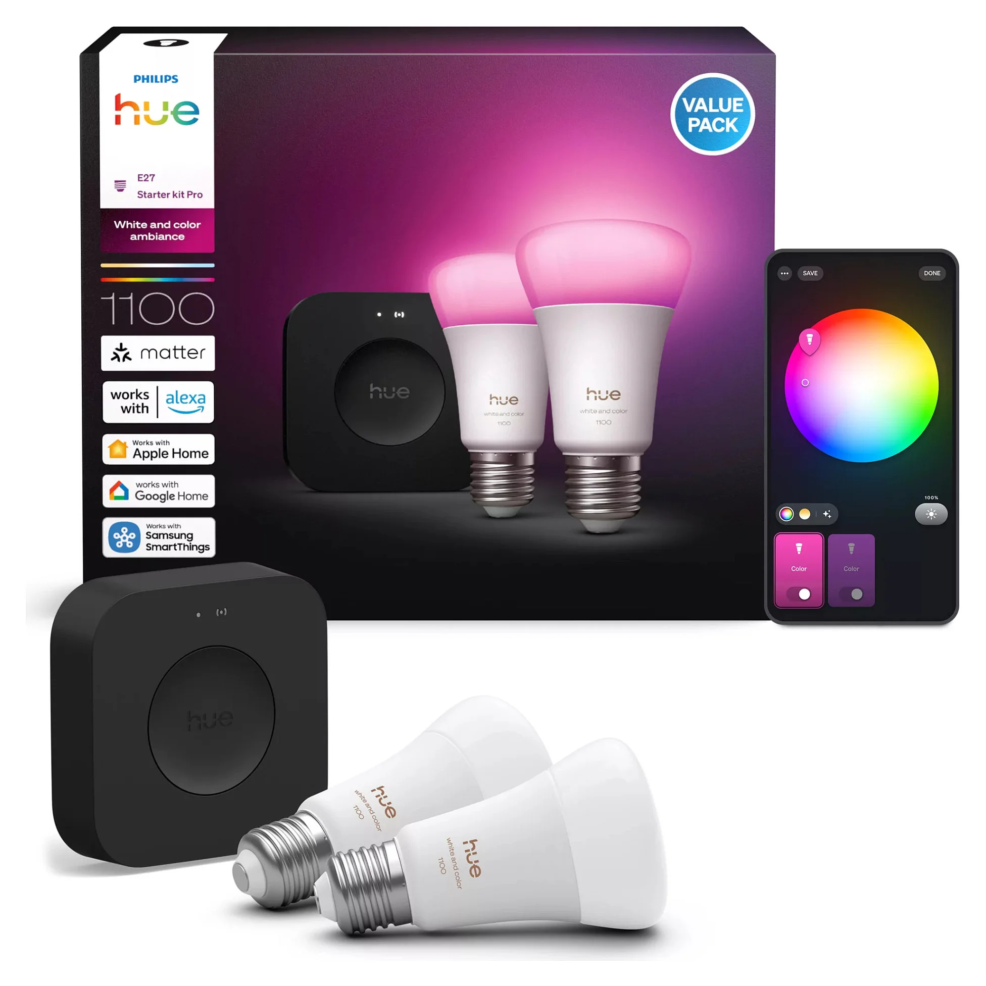 Philips Hue White and Color ambiance Starter Set  2 farbfaehige E27 Smart Lampen   Hue Bridge Pro Leuchtmittel & Lampen
