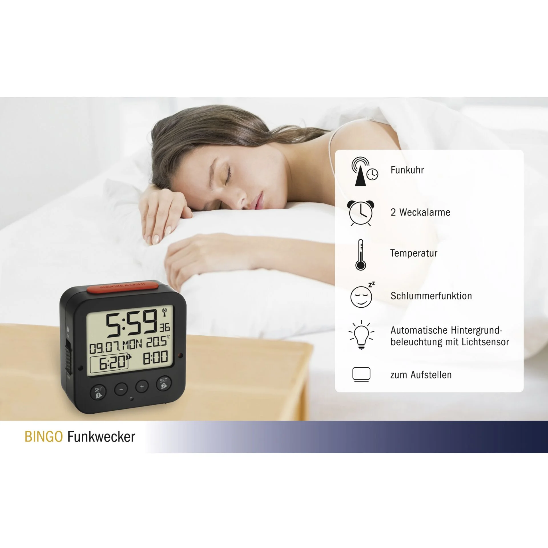 TFA Dostmann TFA 60 2528 01 Bingo schwarz Funk Wecker mit Temperatur Uhren
