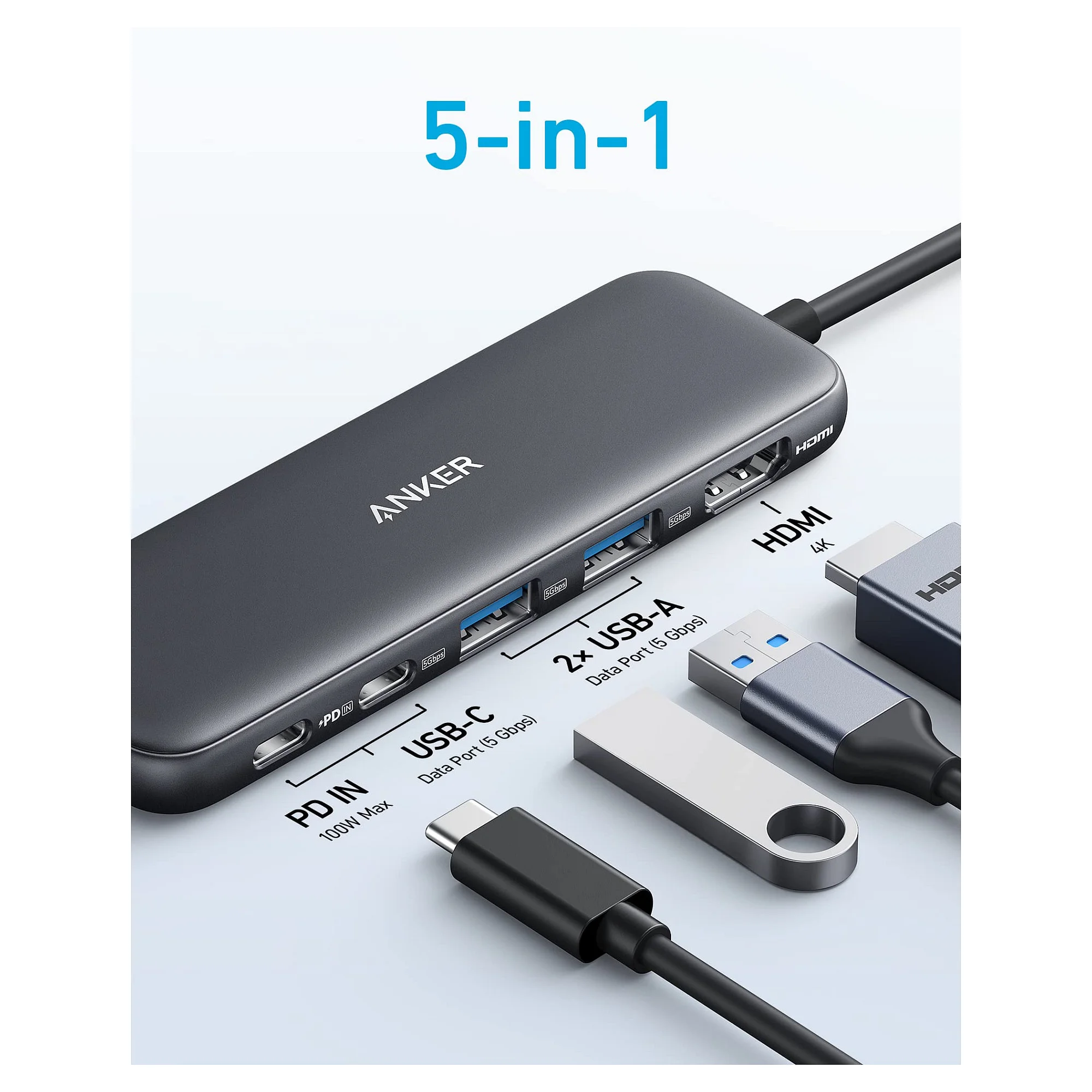 Anker USB C Hub  5 in 1  1 x 4K HDMI 2 x USB A 1 x USB C 1 x USB C PD 100W Akkus Powerbanks & Kabel