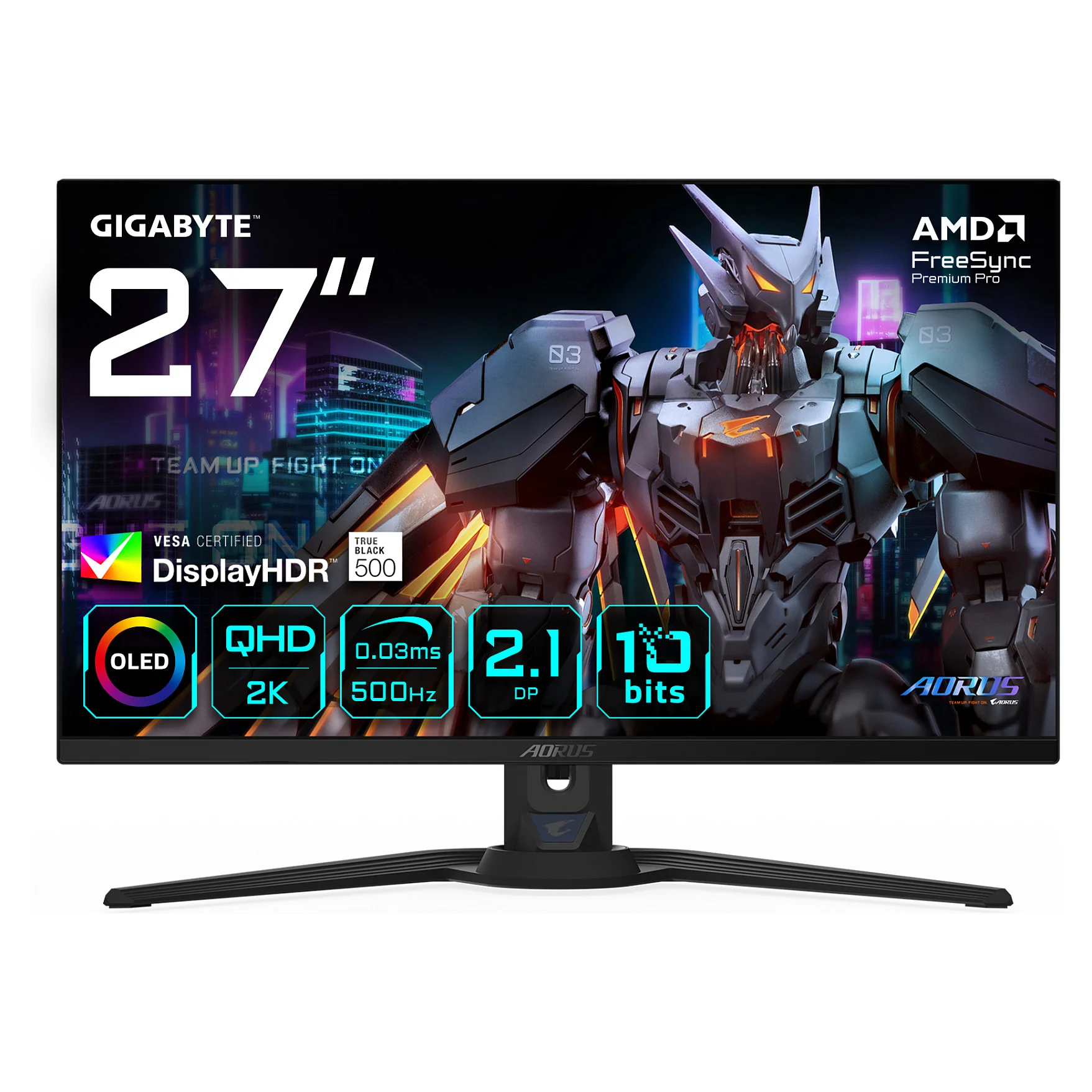 GIGABYTE AORUS FO27Q5P OLED QHD Gaming Monitor   2560 x 1440  500Hz  0 03ms  KVM  300 cd m   FreeSync Premium Pro  DisplayHDR True Black 500  DisplayPort 2 1 Monitore