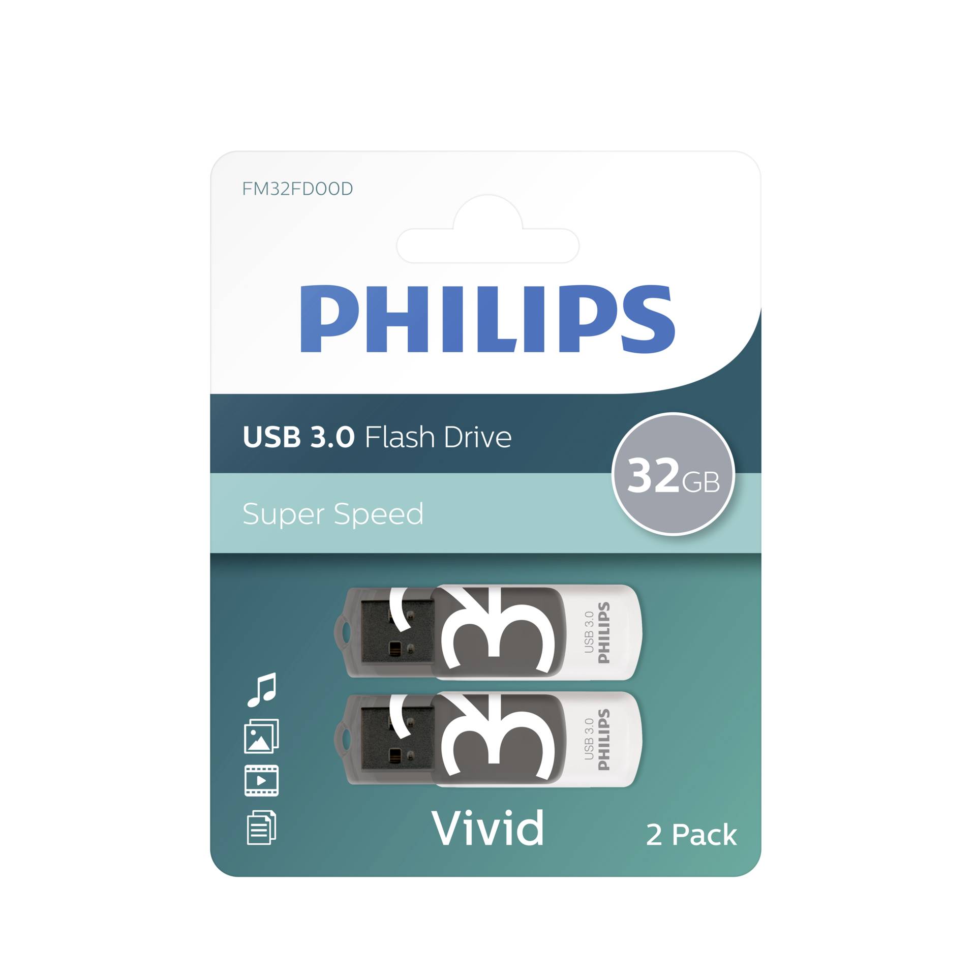 Philips Vivid USB Stick 64 GB USB Typ A 3 2 Gen 1  3 1 Gen 1  Grau  Weiss Speichermedien