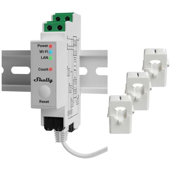 Shelly Relais Pro 3EM 120A WLAN LAN Stromzaehler Inkl  3x 120A Klemmen Messfunktion BT DIN Rail Smart Home Zubehoer