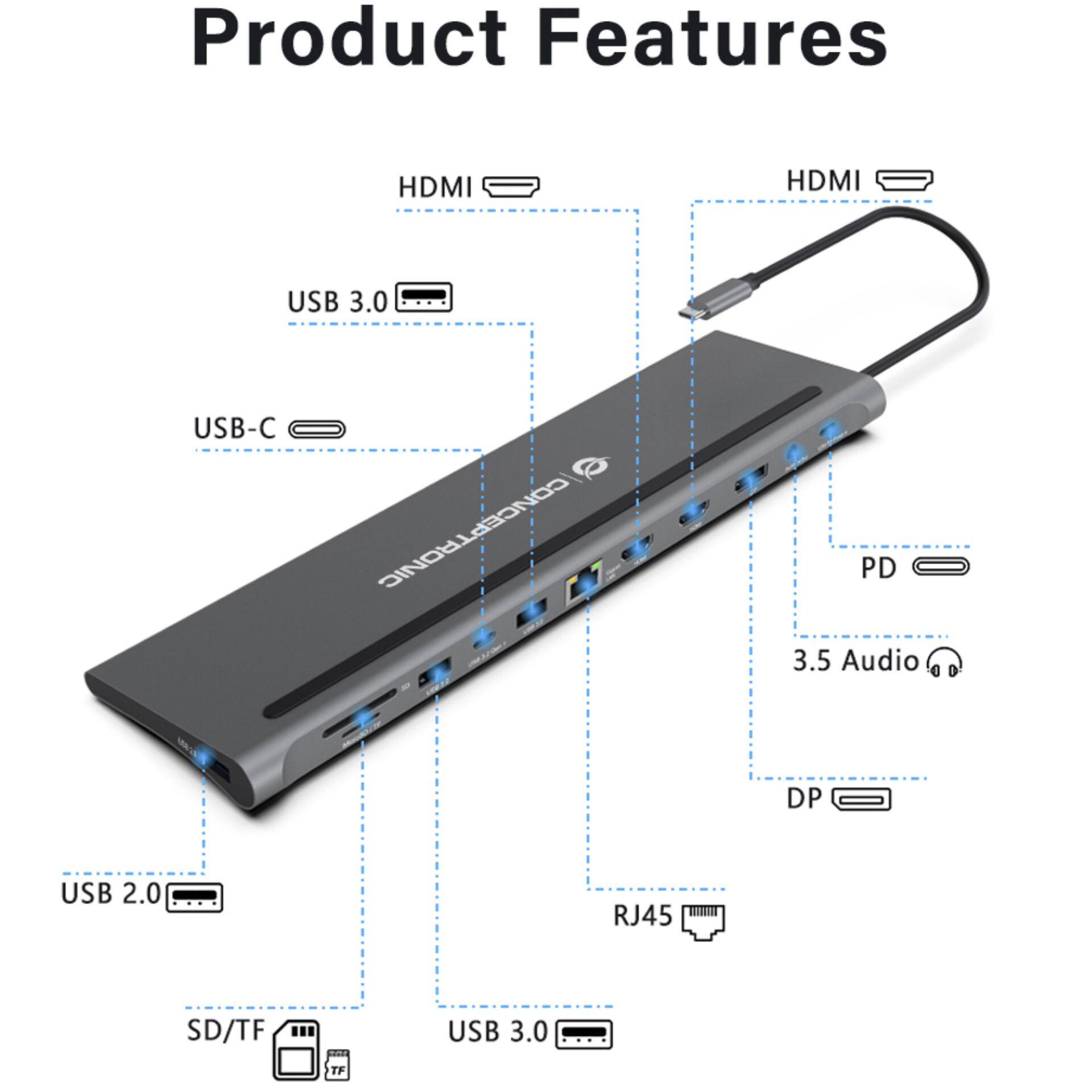Conceptronic DONN17G laptop dockingstation   portreplikator Kabelgebunden USB 3 2 Gen 1  3 1 Gen 1  Type C Grau Akkus Powerbanks & Kabel