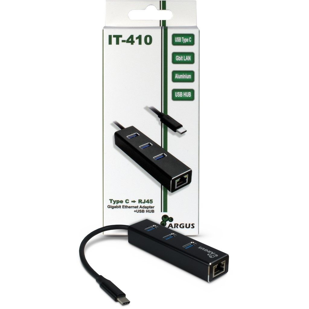 Inter Tech USB C HUB 3Port Argus IT 410 1x RJ45 Gigabit Lan passiv Black PC-Zubehoer