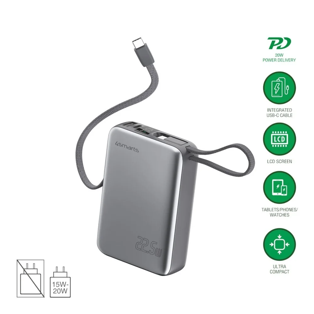 4SMARTS Powerbank 20 000 mAh 22 5 Watt mit zwei integrierten USB C Kabeln Akkus Powerbanks & Kabel