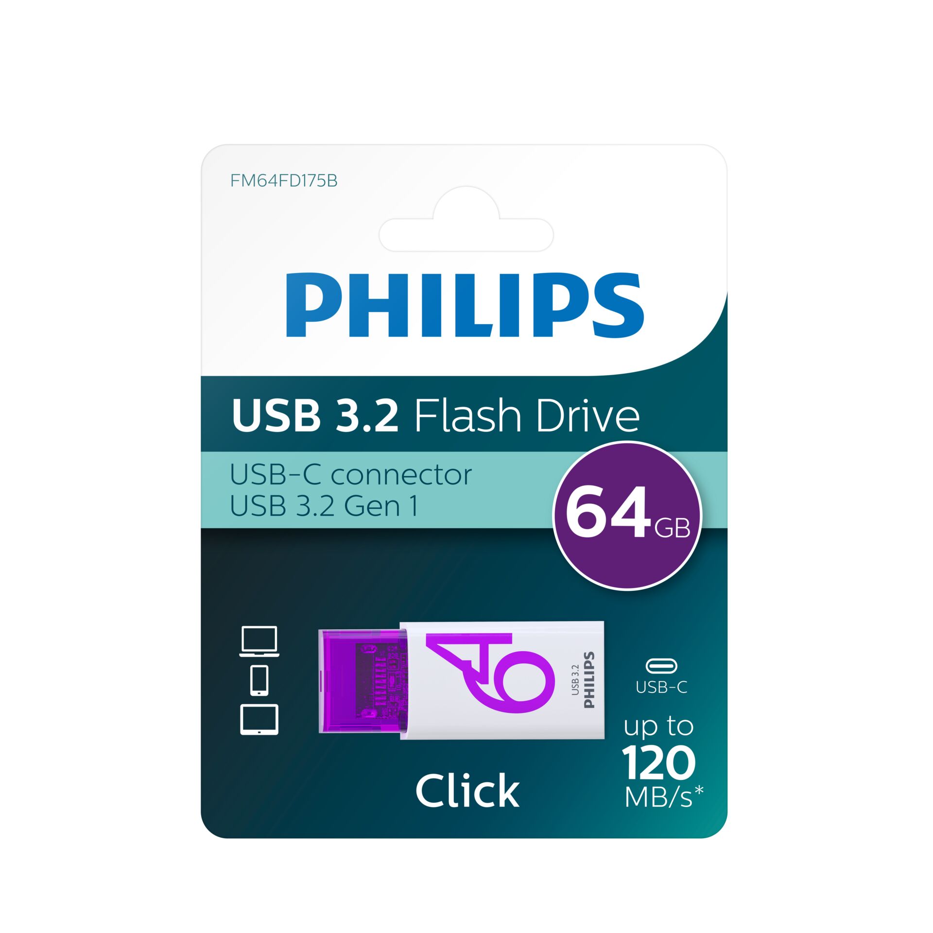 Philips Click USB Stick 64 GB USB Typ C 3 2 Gen 1  3 1 Gen 1  Violett  Weiss Speichermedien
