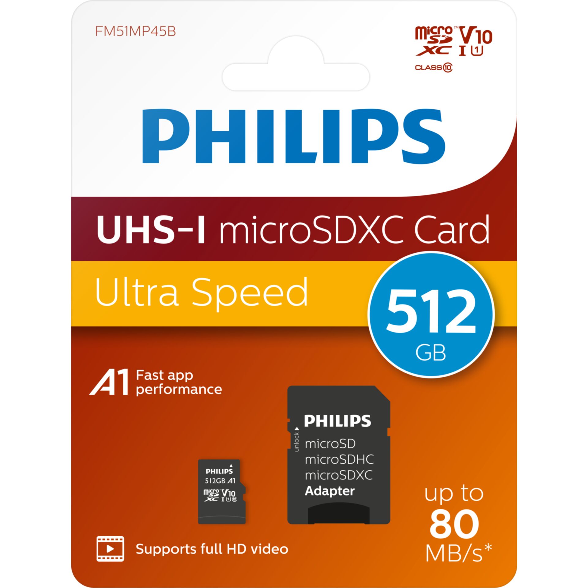 Philips FM51MP45B 00 Speicherkarte 512 GB MicroSDHC UHS I Klasse 10 Speichermedien