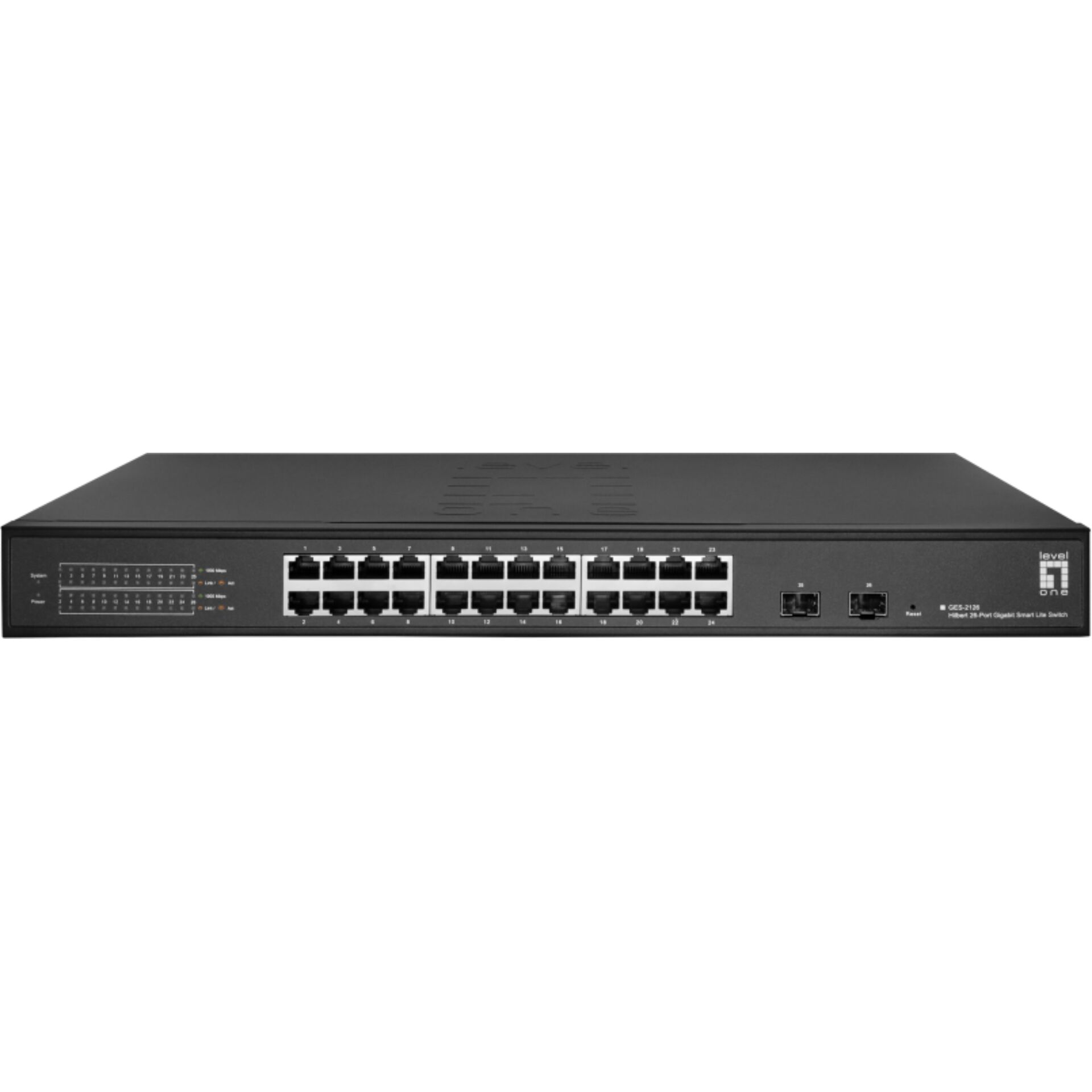 LevelOne Hilbert 26 Port Gigabit Smart Lite Switch  24 x Gigabit RJ45  2 x Gigabit SFP Switches