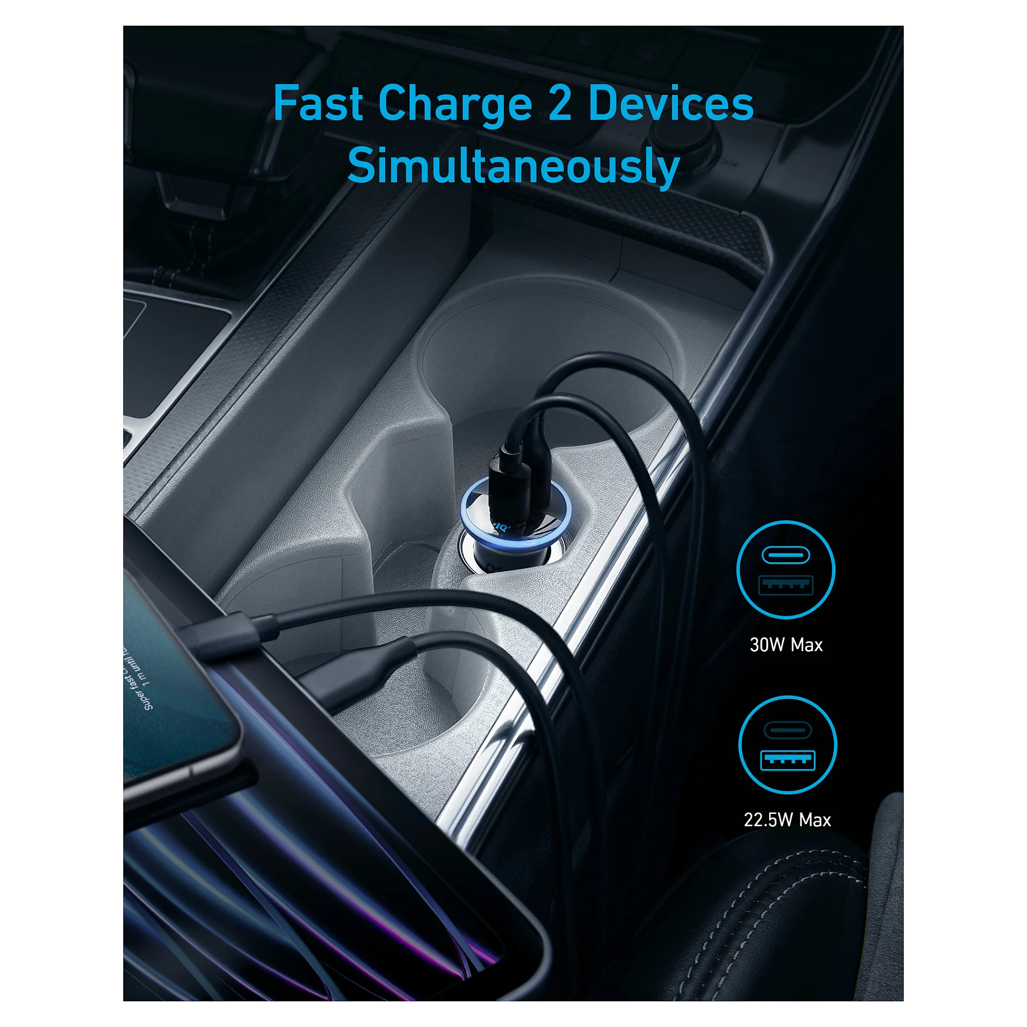 Anker Innovations 323   Auto Netzteil   52 5 Watt   3 A   IQ 3 0  Fast Charge   2 Ausgabeanschlussstellen  USB  24 pin USB C  Notebook & Tablet Zubehoer